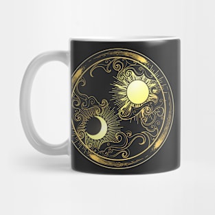 Hand drawn decorative graphic design element in oriental style. Sun, Moon, clouds and comets Mug